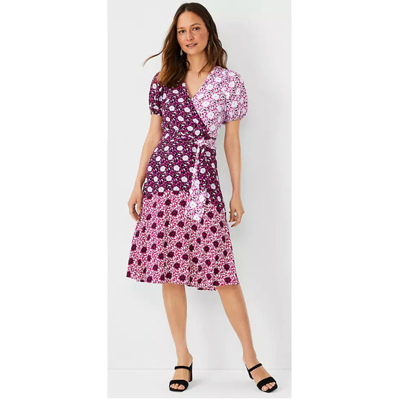 Ann Taylor Women V Neck Mixed Floral Faux Wrap Dress Short Sleeve Purple Size 6P - Picture 1 of 16